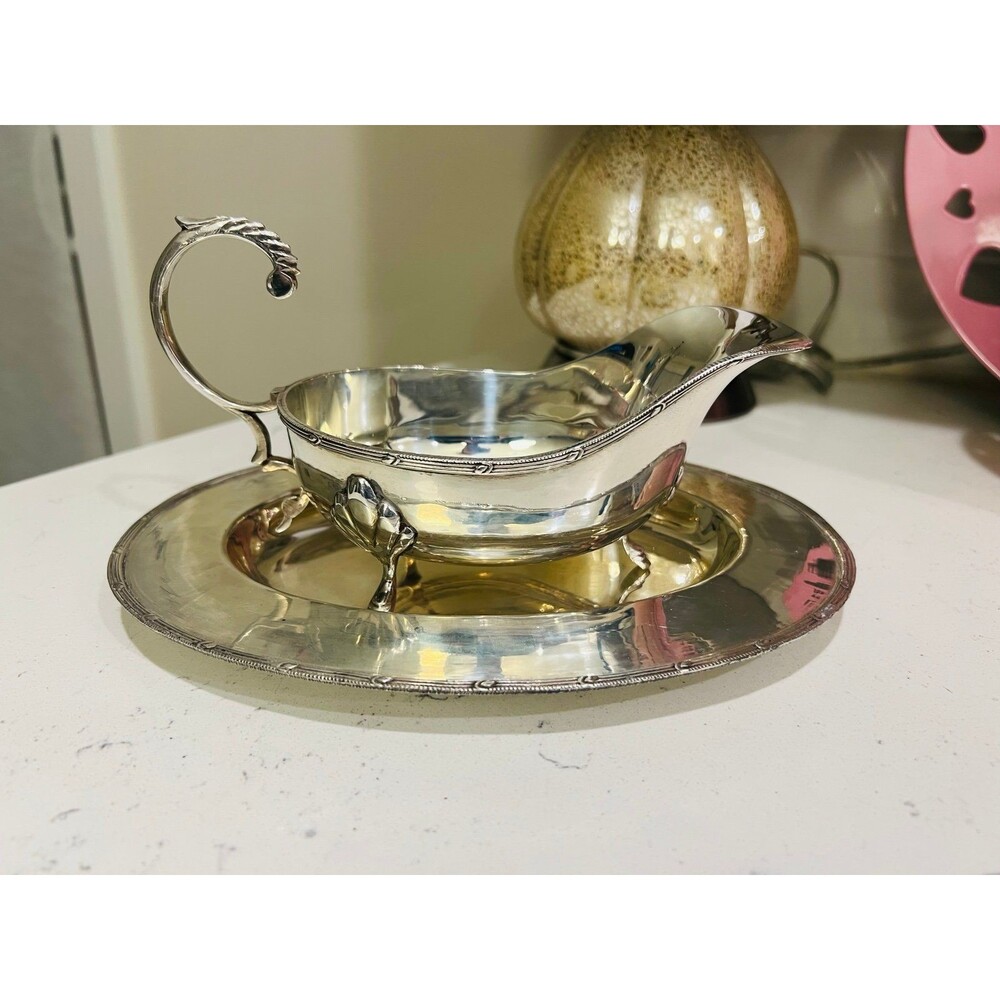 Vintage Silverplate Gravy Boat with Attached Underplate | Ornate Scroll Handle